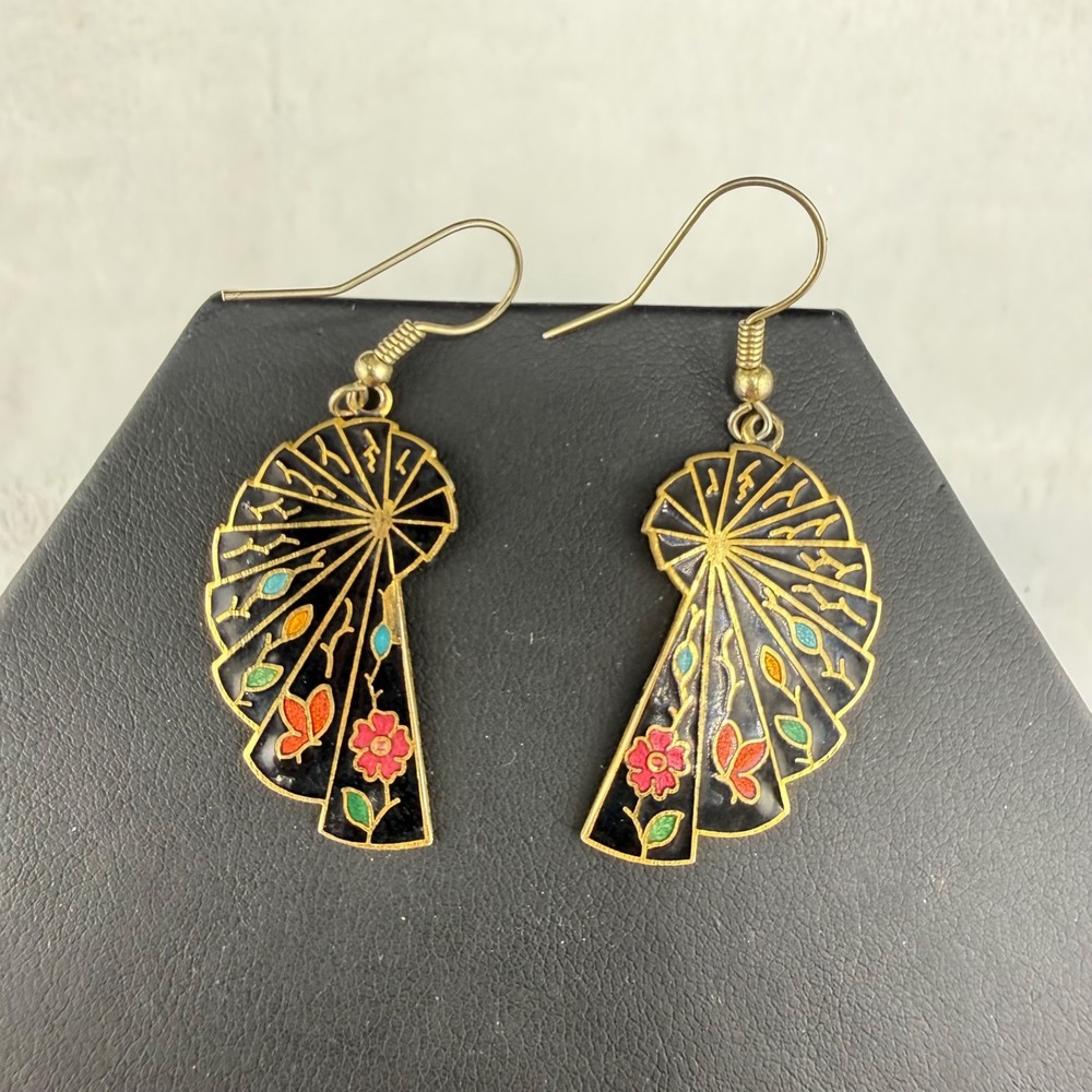 Vintage Cloisonne‎ Fan Pierced Earrings Gold Tone Enamel